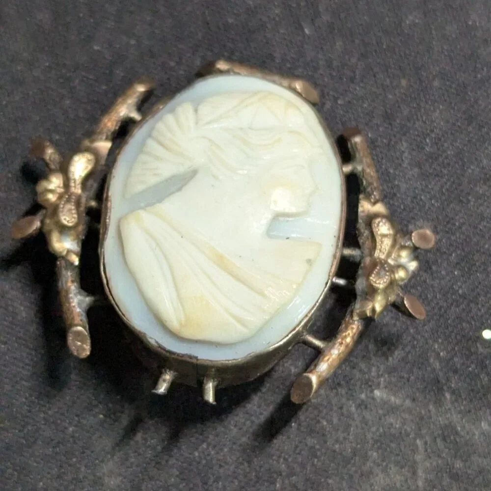 Antique Cameo Brooch Oval Profile Floral‎ Frame Design  Elegant Estate